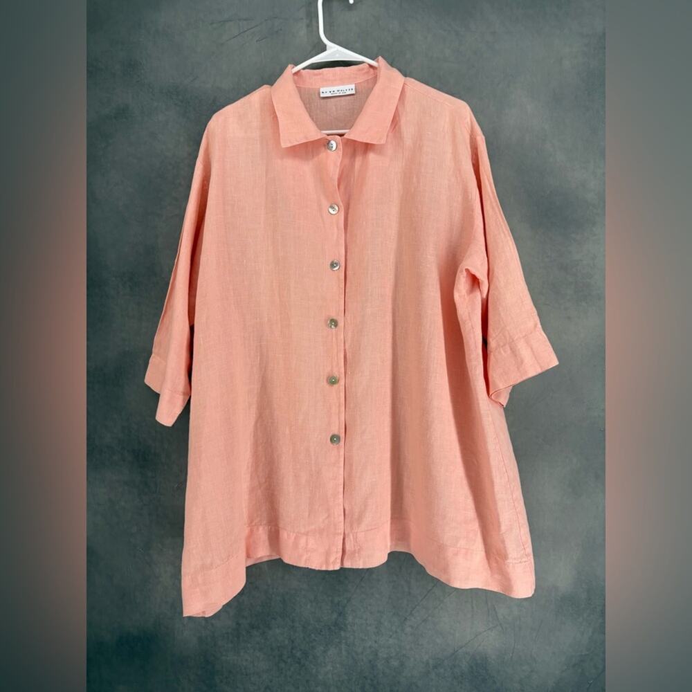 Bryn Walker Gordon Linen Tunic Top Button Front Lagenlook Peach Rose‎ Bud Small